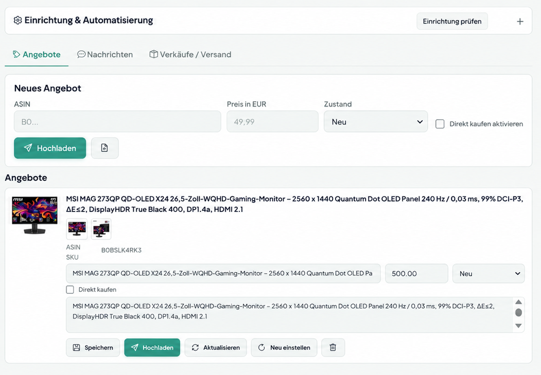 Oberfläche zur Einrichtung und Automatisierung von Kleinanzeigen-Angeboten